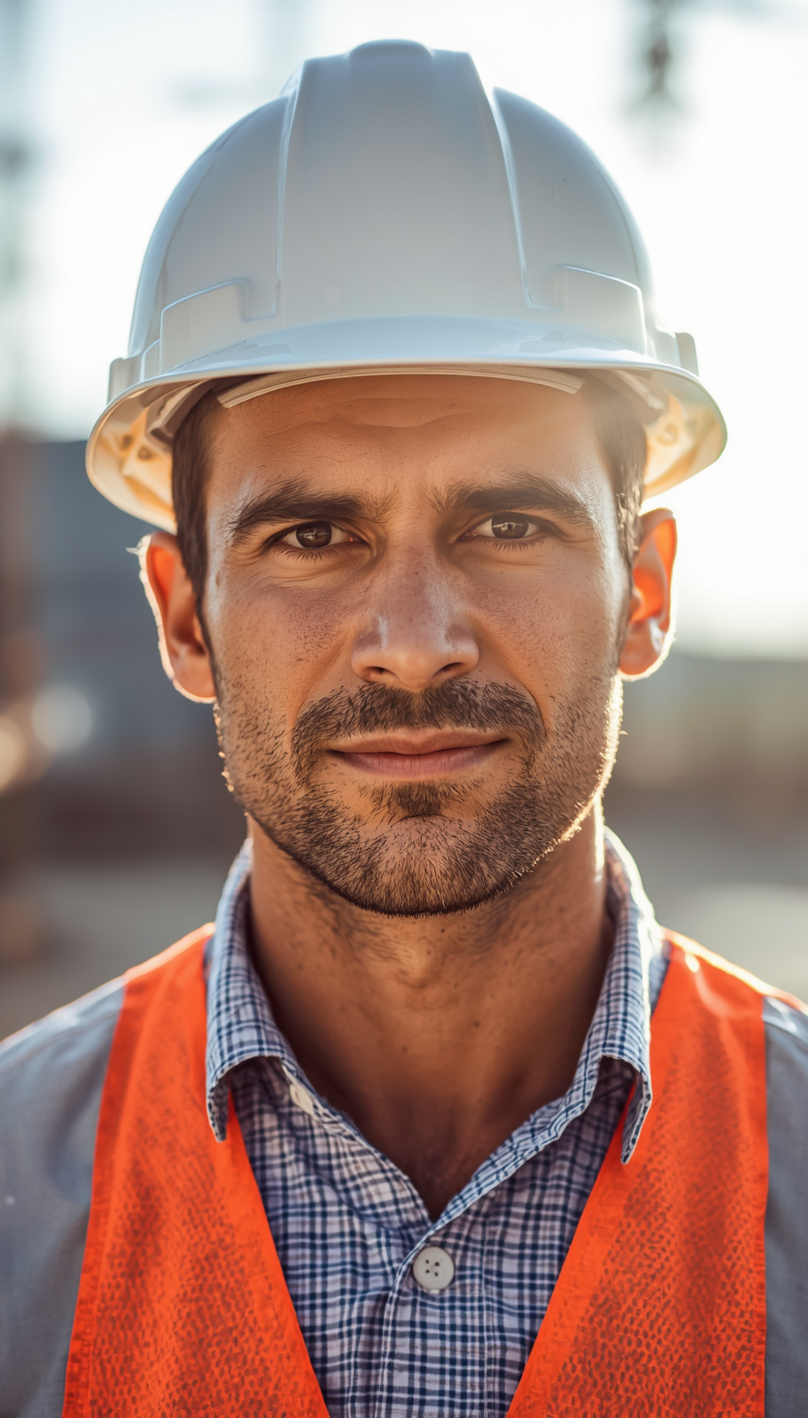 engenheiro de construção masculino de frente olhando para a câmera, usando capacete branco, dos ombros para cima, foto profissional