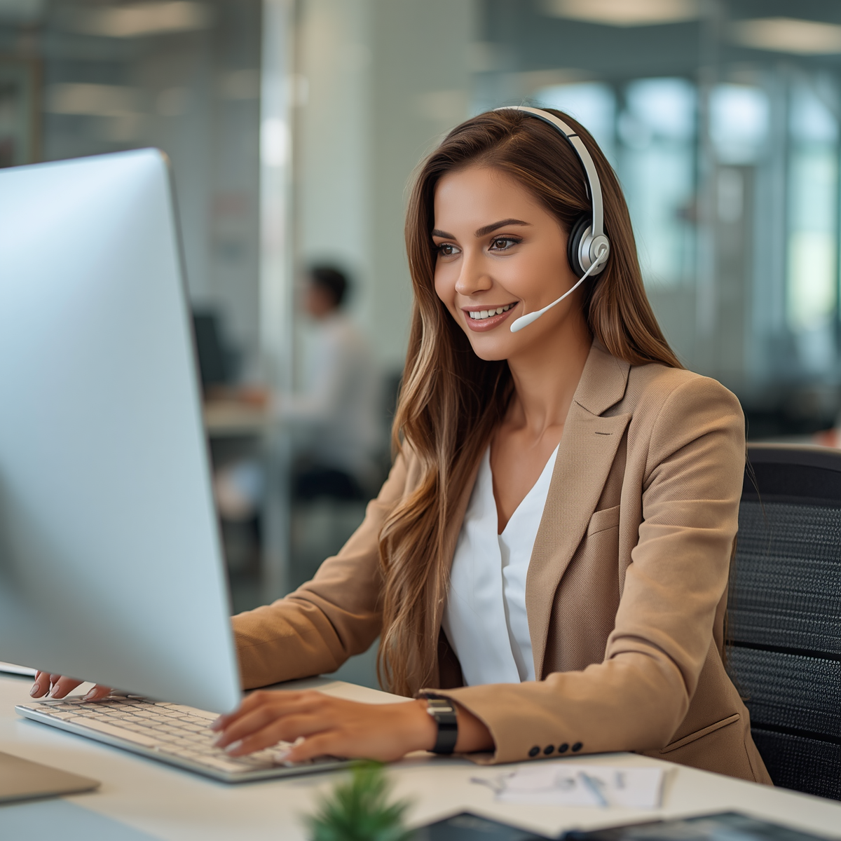 uma mulher muito bonita trabalhando em um escritório moderno atendendo clientes online, com um computador muito moderno na mesa dela, usando fone de ouvido bluetooth